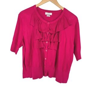 Vintage Women Cotton Cardigan Sweater Ruffle Short Sleeve Button XXL Lightweight